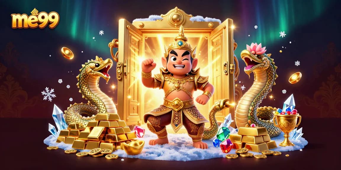 Experience the excitement of me99 Casino with vibrant characters, gold treasures, and dynamic elements.