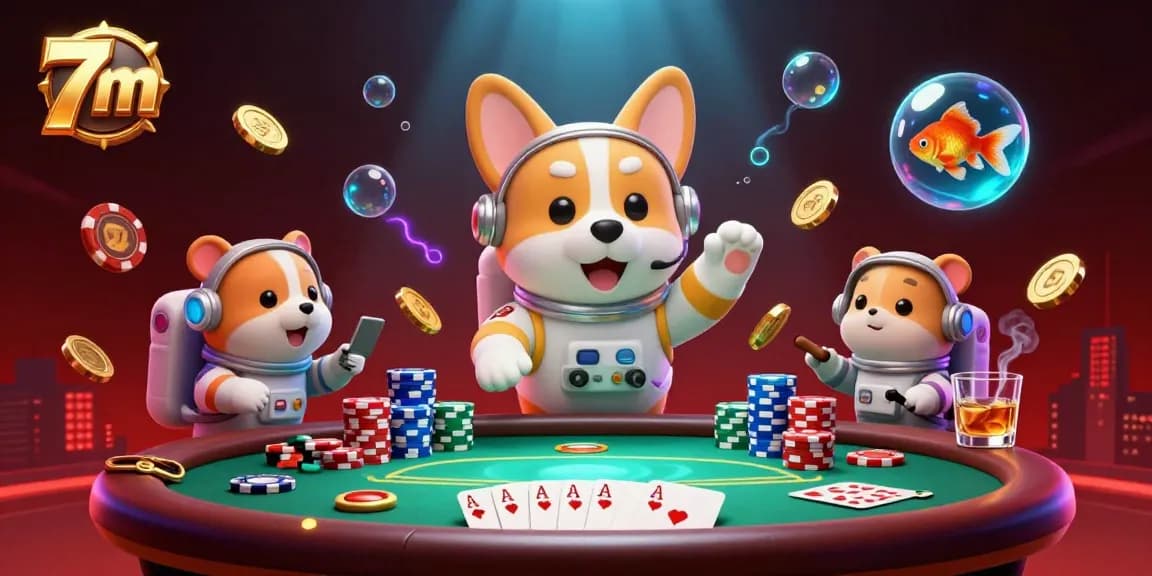 Engaging 3D scene of 7m casino features cartoon elements with astronaut corgi, poker chips, and vibrant colors.