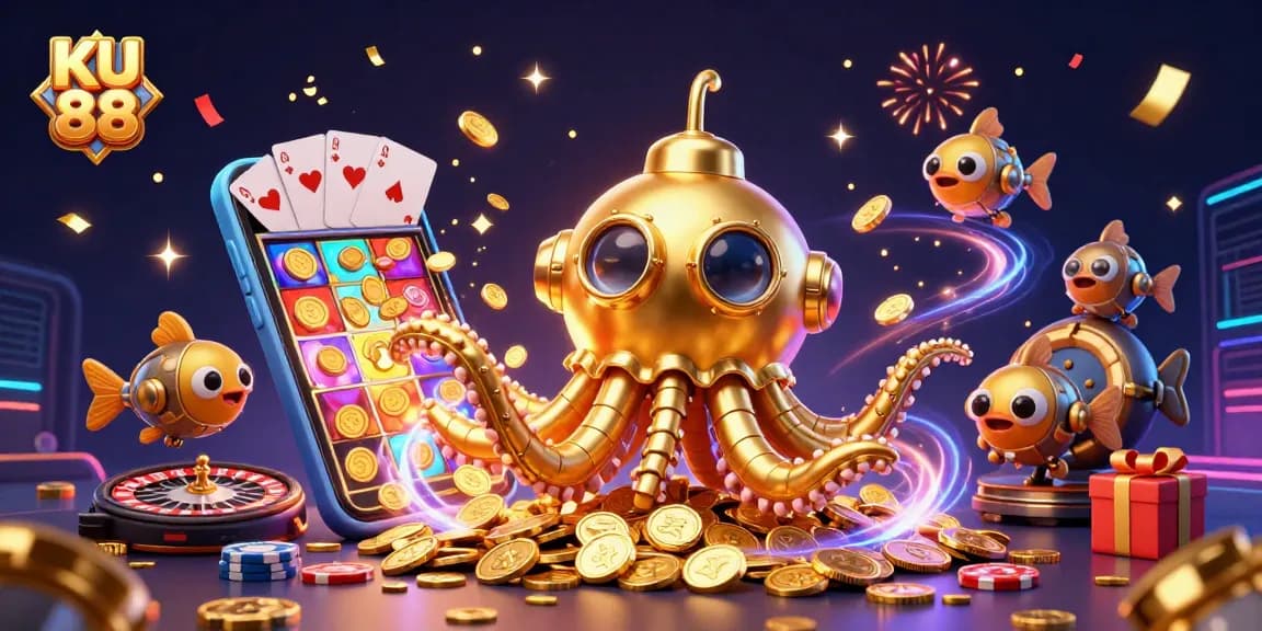 Engage with KU 88's thrilling casino experience featuring golden kraken submarine and slot games.