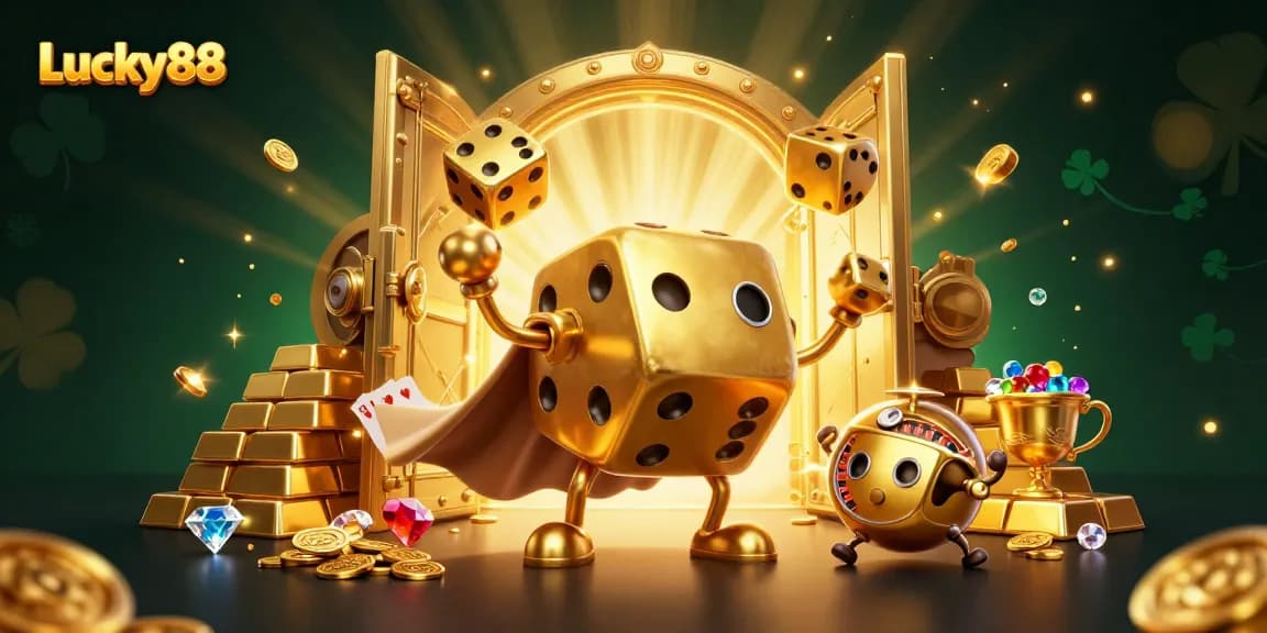 Experience thrilling wins at Lucky88 with a dynamic scene of golden dice, jewels, and vibrant casino elements.