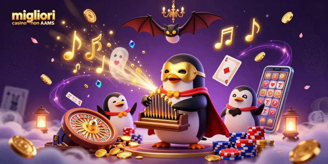 Migliori casino non AAMS: i giocatori si divertono in un'illustrazione ricca di dettagli con simboli dei giochi e bonus d'oro.