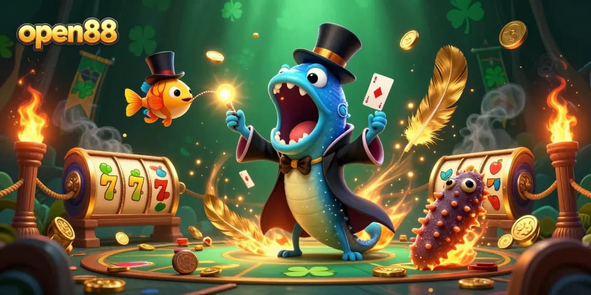 Open88 features a dynamic gambling scene with a magical bioluminescent eel performing card tricks, amidst slot game elements.