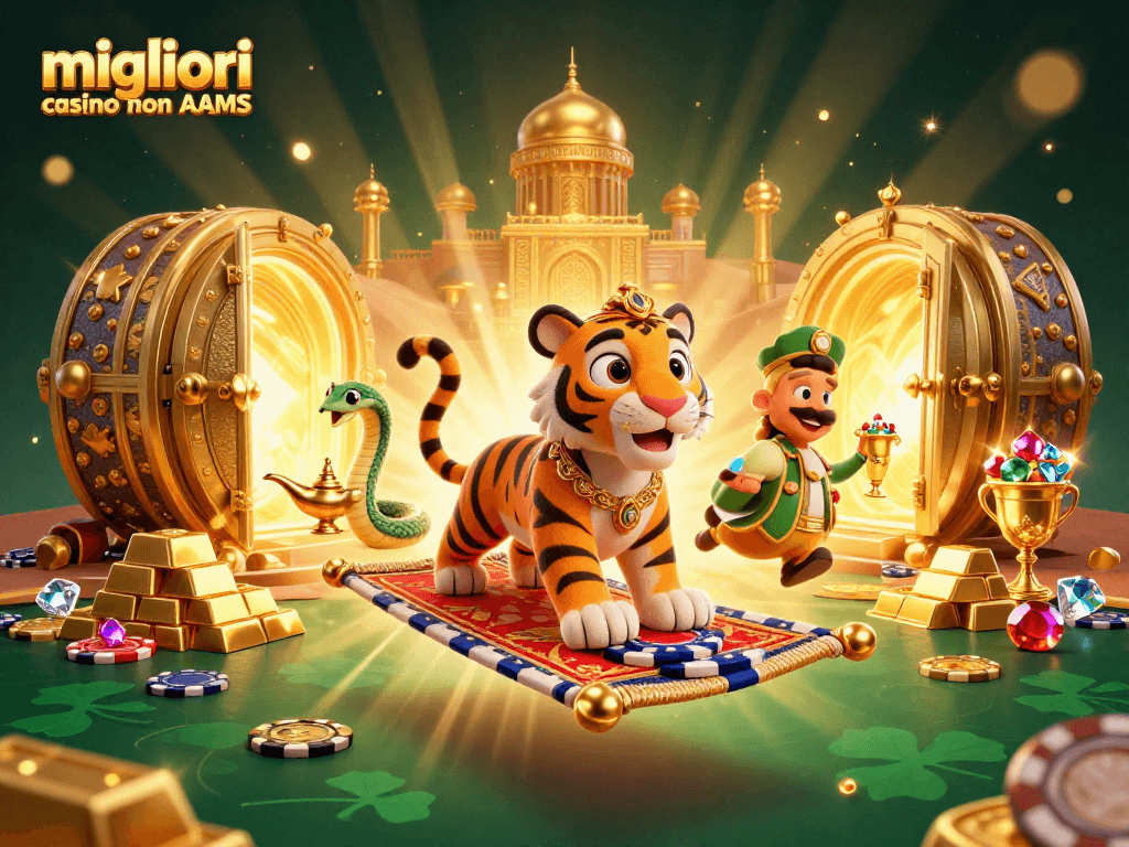 Migliori casino non AAMS: tigre sultano su tappeto di fiches circondato da tesori nel deserto.