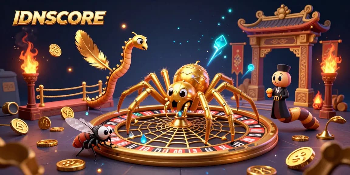 IDNSCORE showcases a vibrant casino scene with a golden spider, betting fly, and centipede croupier.