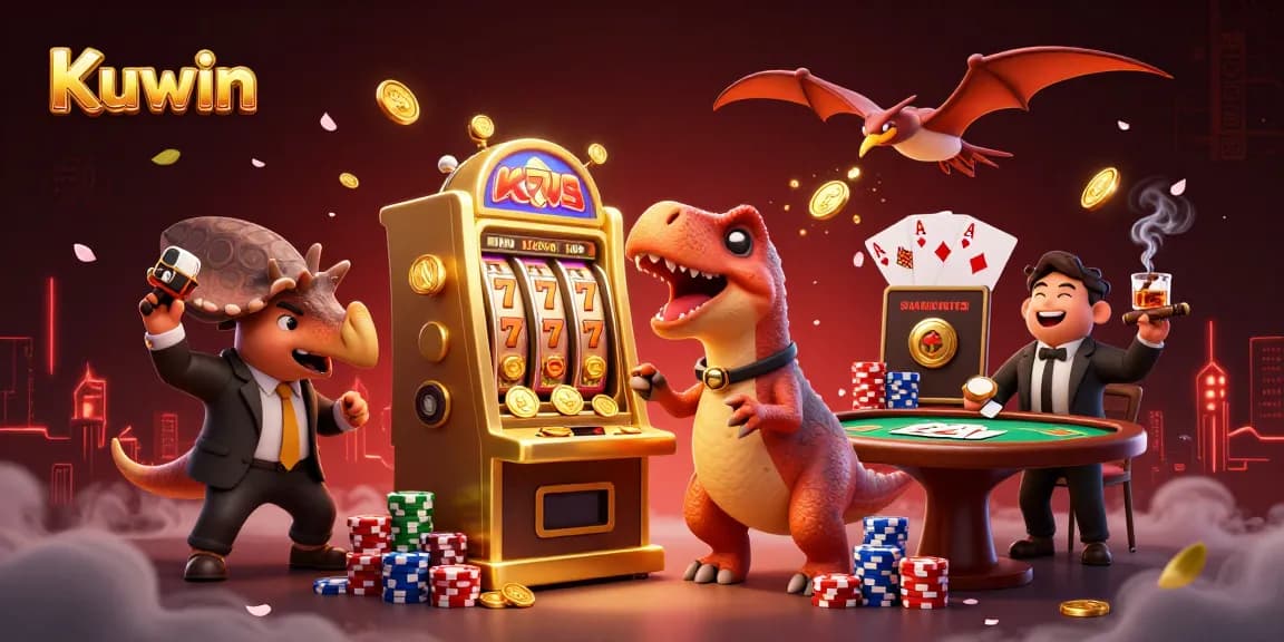 Kuwin characters generate jackpot coins by interacting with a golden slot machine in a lively casino scene.