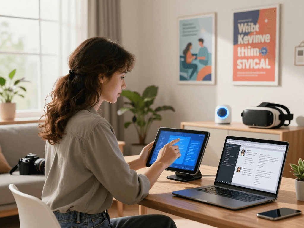 AI girlfriend interaction in a modern living room, showcasing technology and connection.