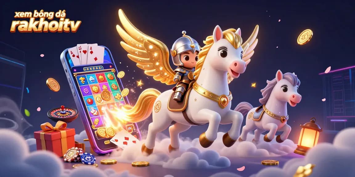 Experience xem bóng đá rakhoitv with thrilling animation of a knight and celestial horse amid vibrant gaming elements.