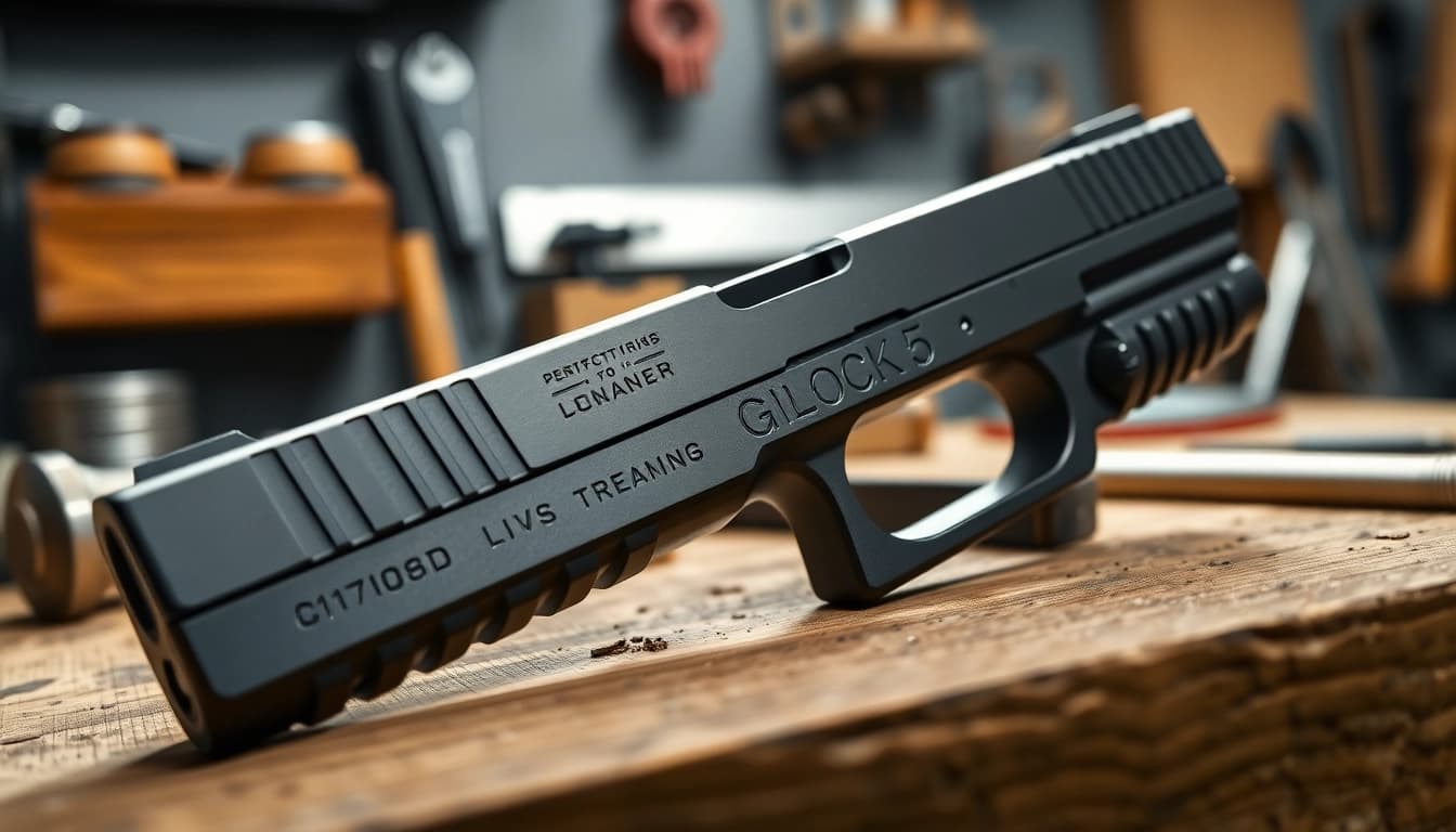 Examine the Glock 17 Gen 5 slide showcasing its precision craftsmanship and design features.