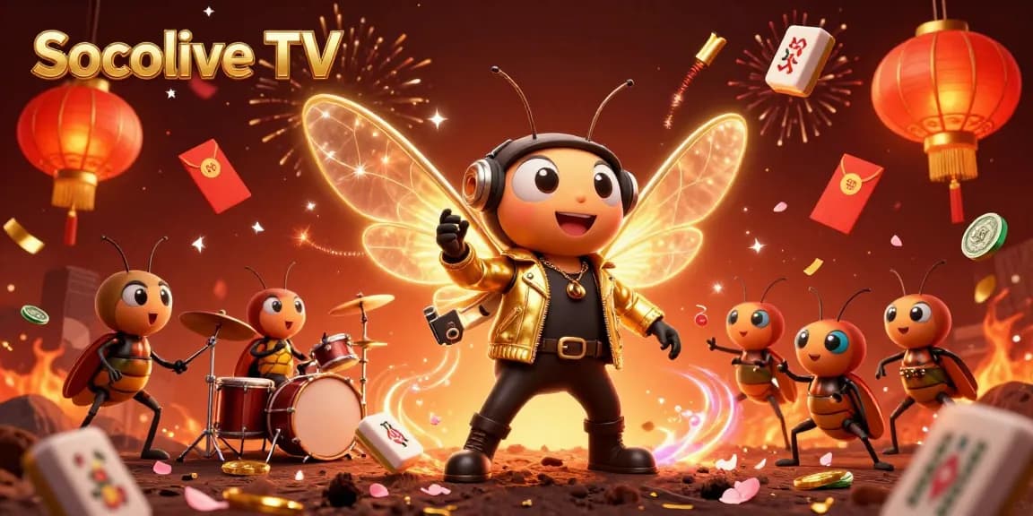 Socolive TV presents a vibrant celebration with a rock star cicada in a casino-themed illustration.