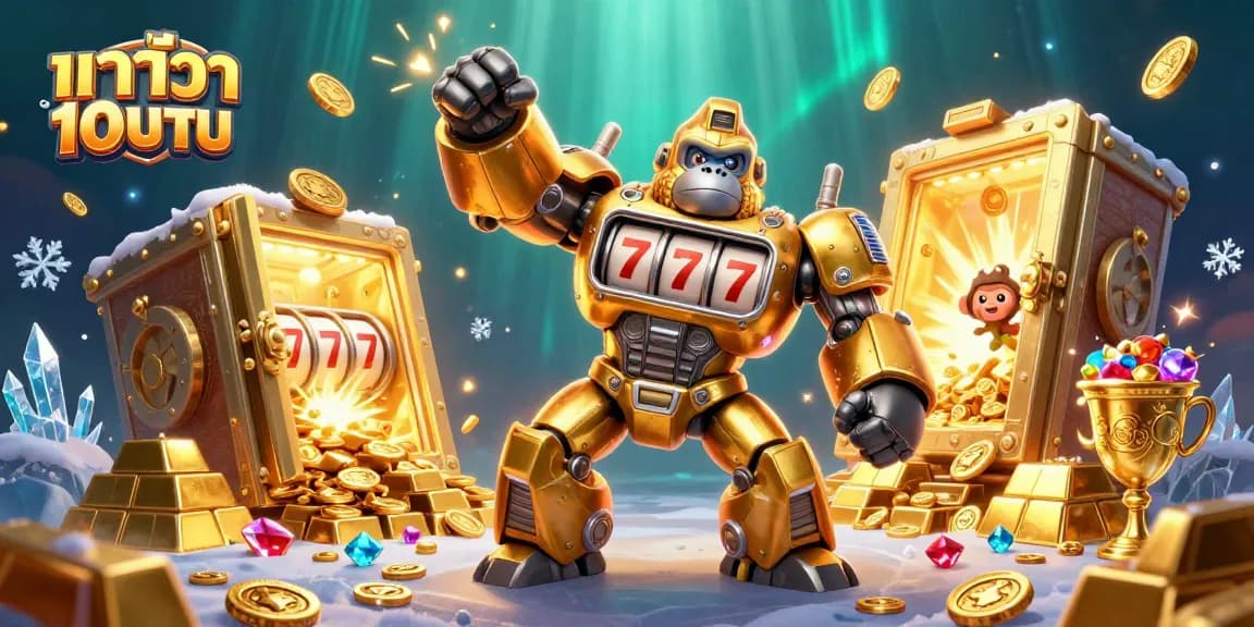 Win big with บาคาร่า 10 บาท in this dynamic casino scene featuring a golden gorilla mech.