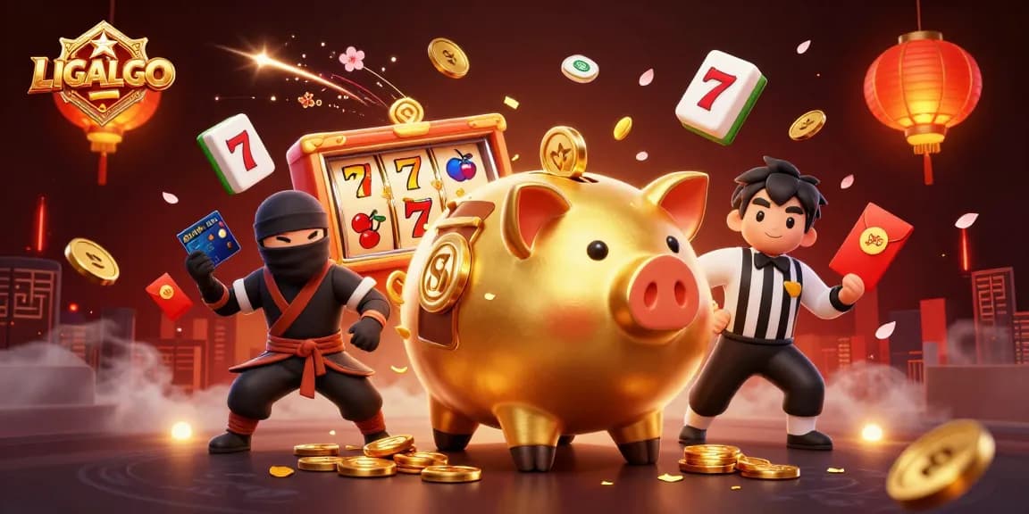 LIGALGO's exciting slot games come alive with a golden piggy bank sumo wrestler and thrilling game elements.