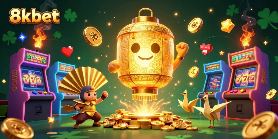 Experience thrilling casino action with 8kbet, featuring vibrant games, golden lanterns, and lucky symbols.