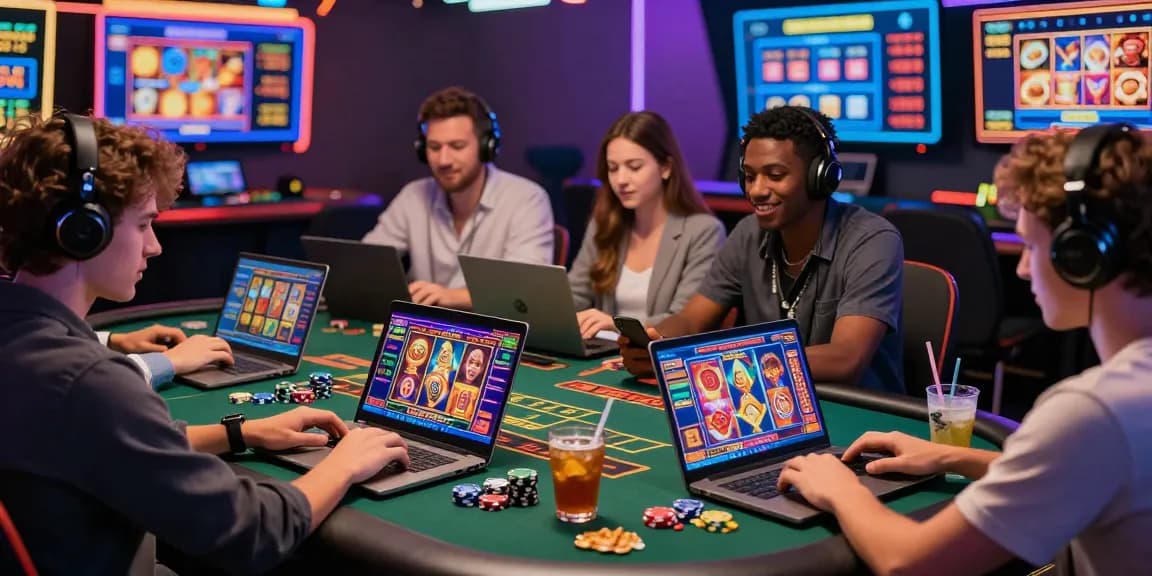 MPOCASH online gambling experience with players engaging in slots and sports betting, showcasing vibrant digital interfaces and accessories.