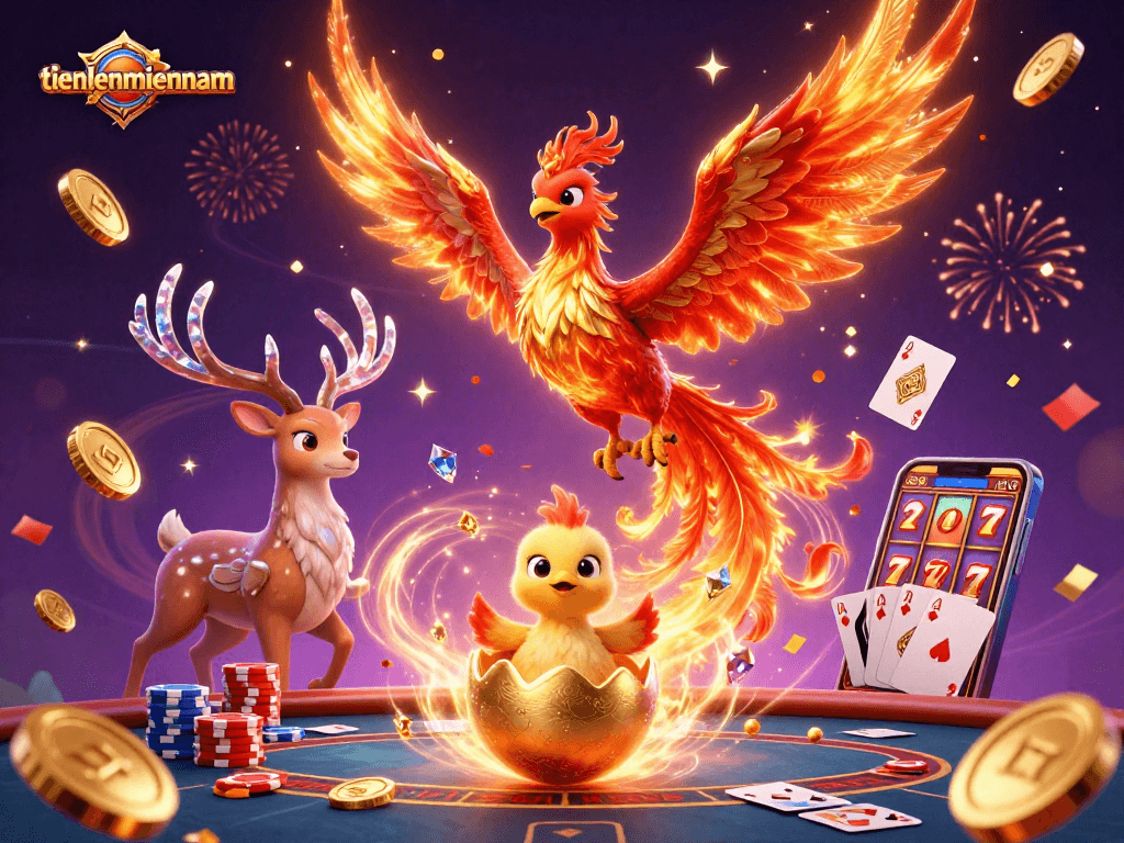 Engage in thrilling gameplay with tienlenmiennam as a magical phoenix rises among casino treasures.