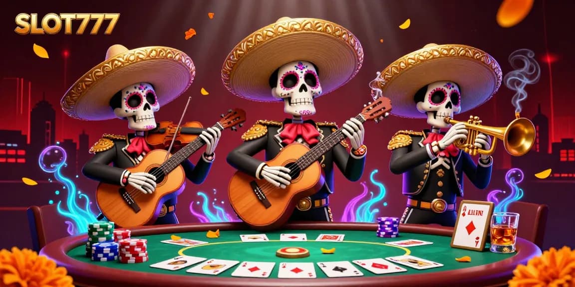 Unleash fun and excitement with SLOT777 as a mariachi band entertains at a vibrant casino scene overflowing with game elements.