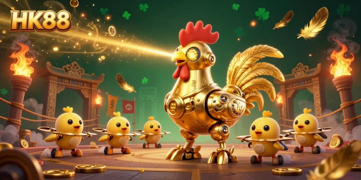 HK88 features a dazzling golden rooster robot in a vibrant casino scene showcasing thrilling betting tokens and ember effects.