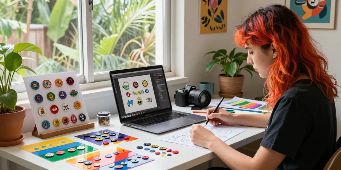 Custom pins displayed in a creative workspace, showcasing vibrant designs and a designer at work.