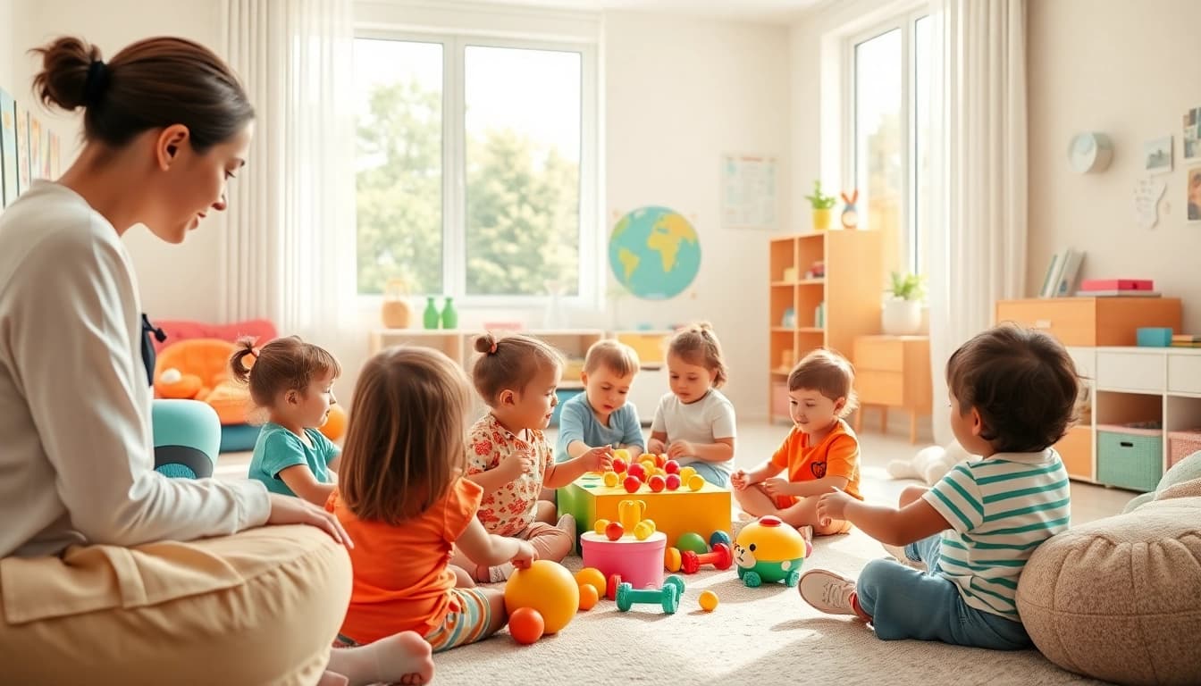 Engaged children receiving autism help in a colorful therapy room with a supportive therapist.