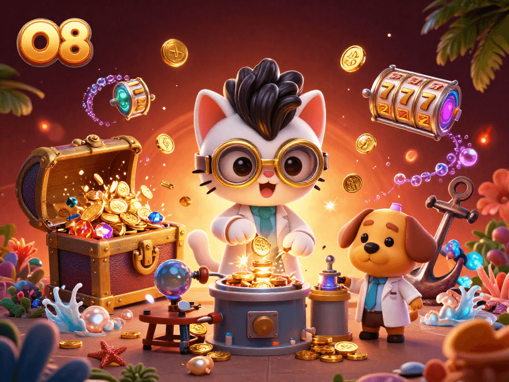 Engage with O8’s vibrant slot world featuring a playful mad scientist cat and dog in an exciting casino scene.