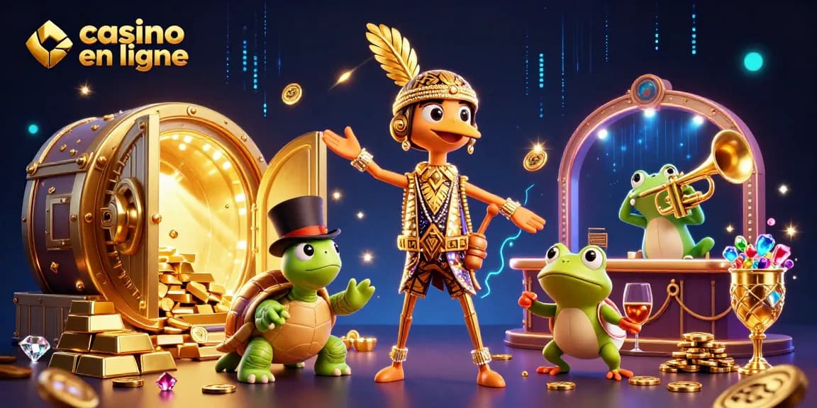 Illustration de casino en ligne avec crane art déco, tortue en haut-de-forme et grenouille musicienne, entourés de trésors brillants.