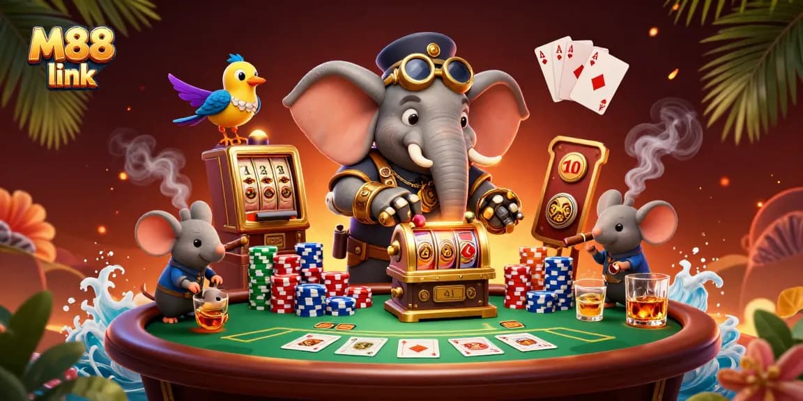 Experience thrilling action at M88 link with a vibrant steampunk casino scene filled with poker elements.