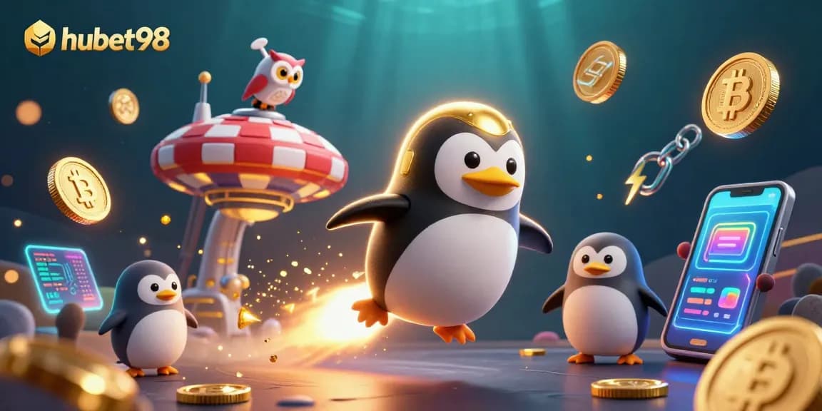 Experience thrilling action with hubet98 as a golden penguin zooms towards a dazzling casino space station.