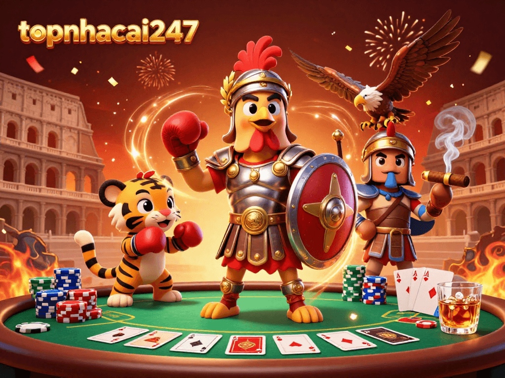 Experience exciting gaming moments at topnhacai247 with a vibrant casino illustration featuring dynamic characters and poker elements.