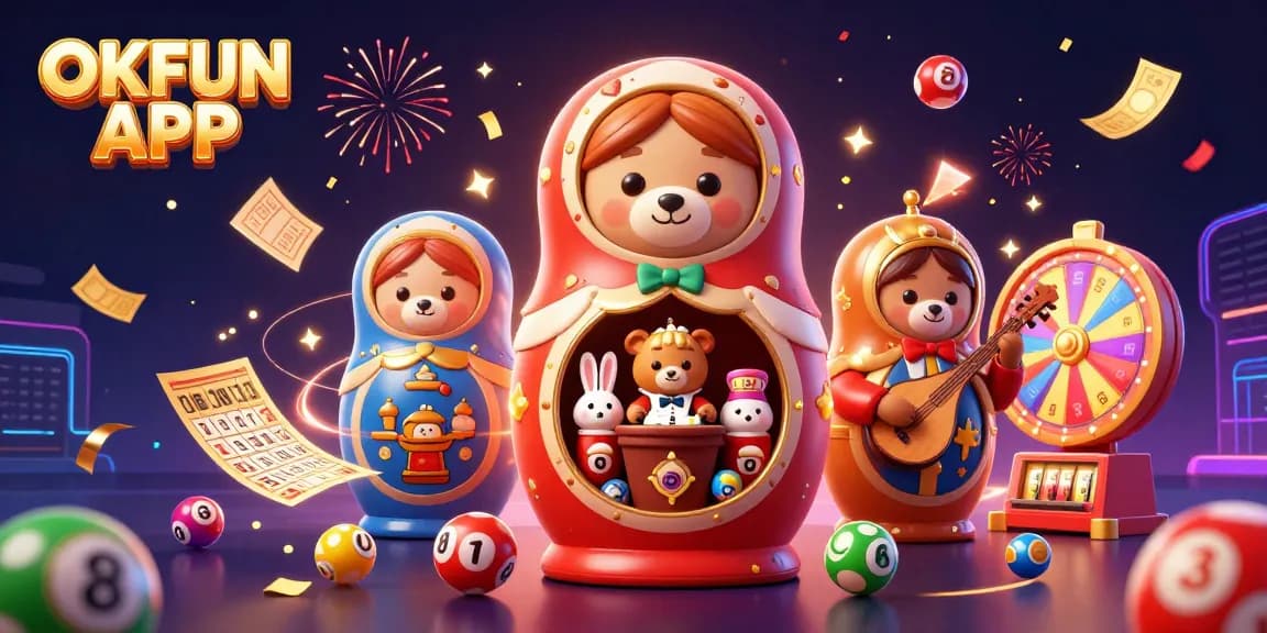 Engage with the OKFUN APP and enjoy a vibrant casino-themed celebration featuring dynamic elements and lively characters.