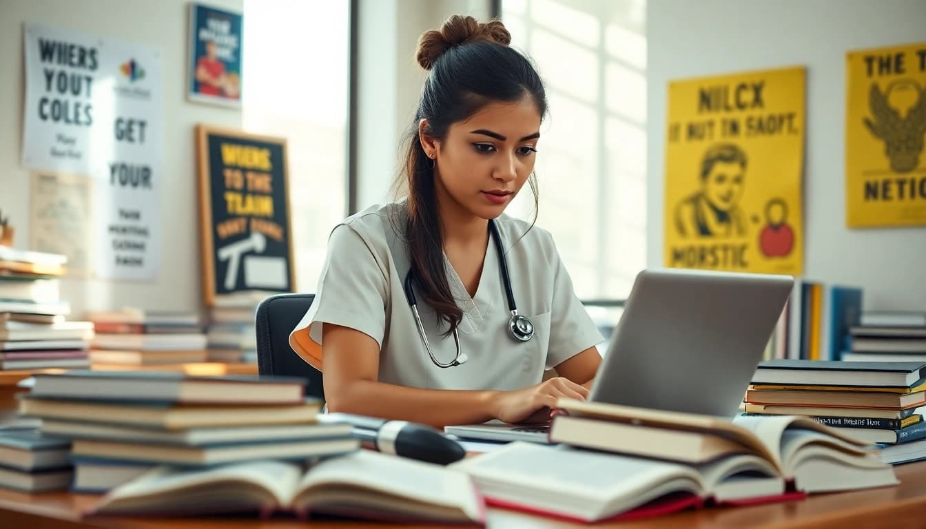 Engaged student in a repeat NCLEX taker review Houston studying with focus in a bright setting.