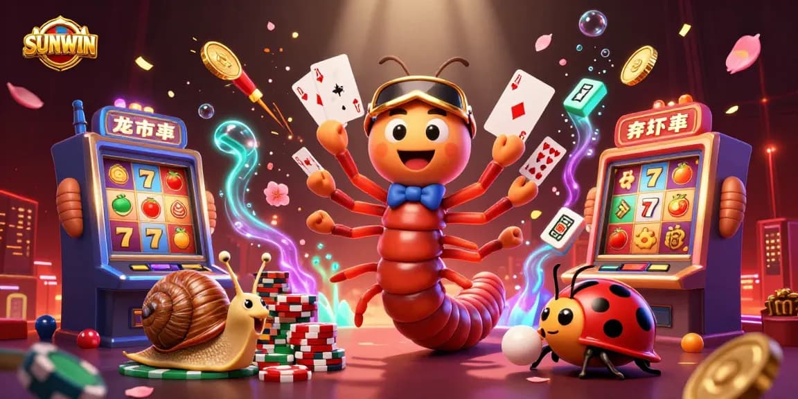 SUNWIN’s vibrant casino scene with a millipede dealer and a snail high-roller emphasizing excitement.