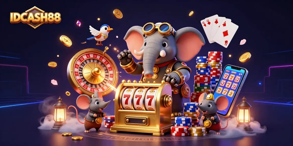 Experience thrilling gameplay at IDCASH88 with 3D illustrated casino characters and dynamic slot elements.