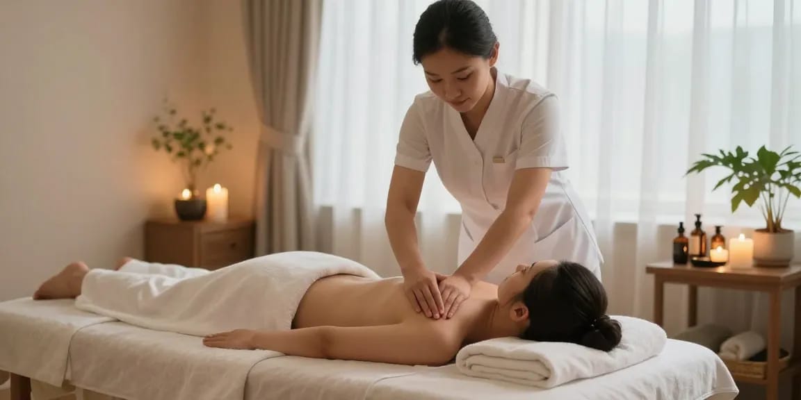 마사지 테라피스트가 고객에게 편안한 마사지 서비스를 제공하는 모습입니다.