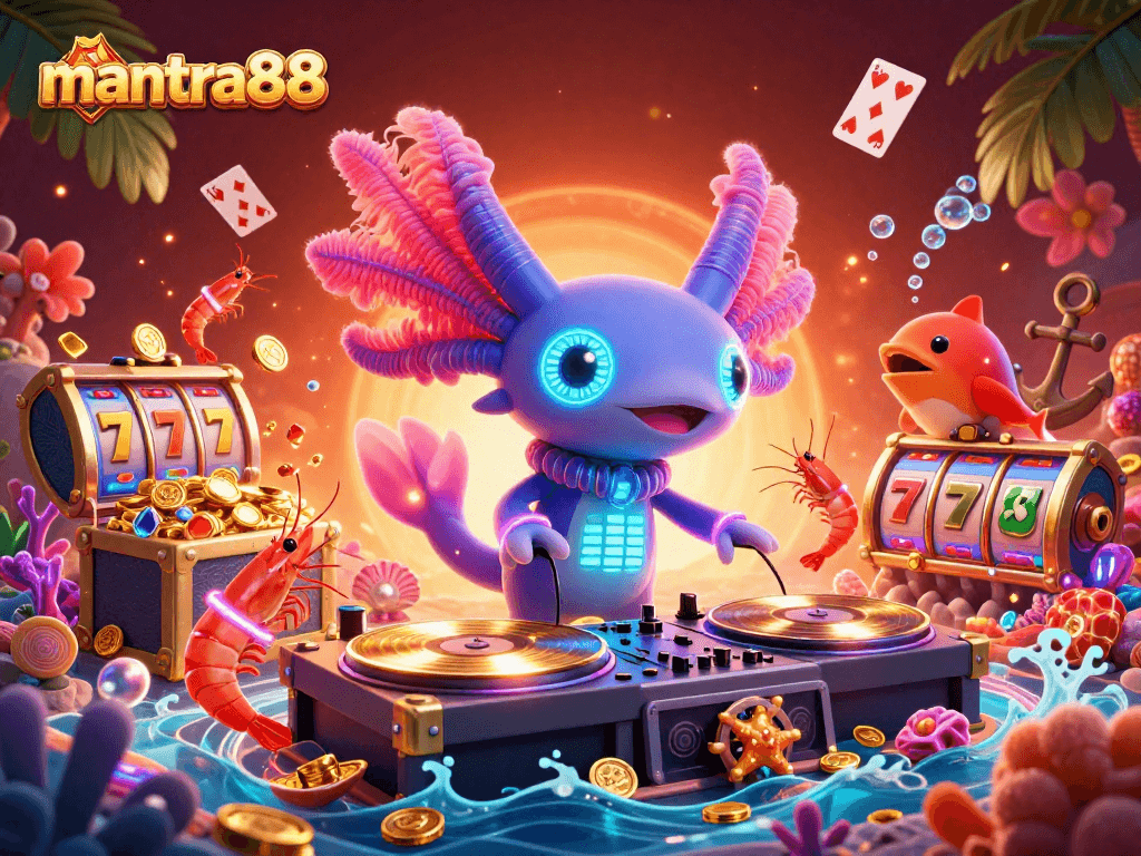 Experience thrilling gameplay with mantra88's vibrant casino scene featuring a neon axolotl DJ.