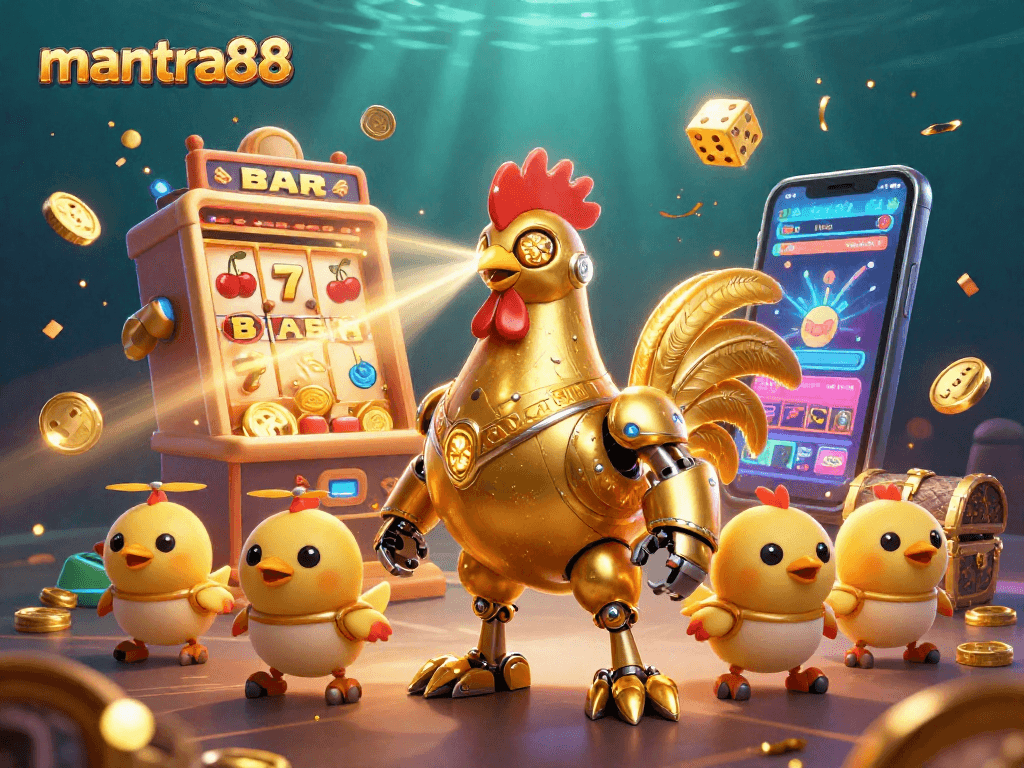 Engage with mantra88's thrilling gaming scene featuring vibrant slot elements and animated characters.