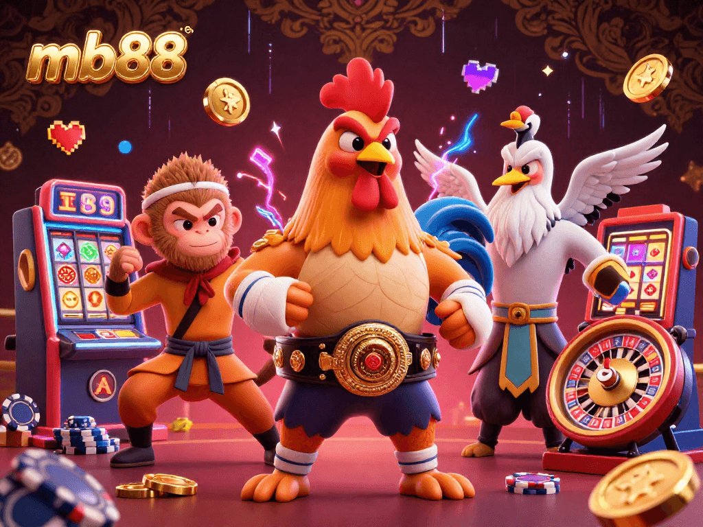 Experience thrilling gameplay at mb88 with a vibrant 3D illustration showcasing casino elements and dynamic characters.