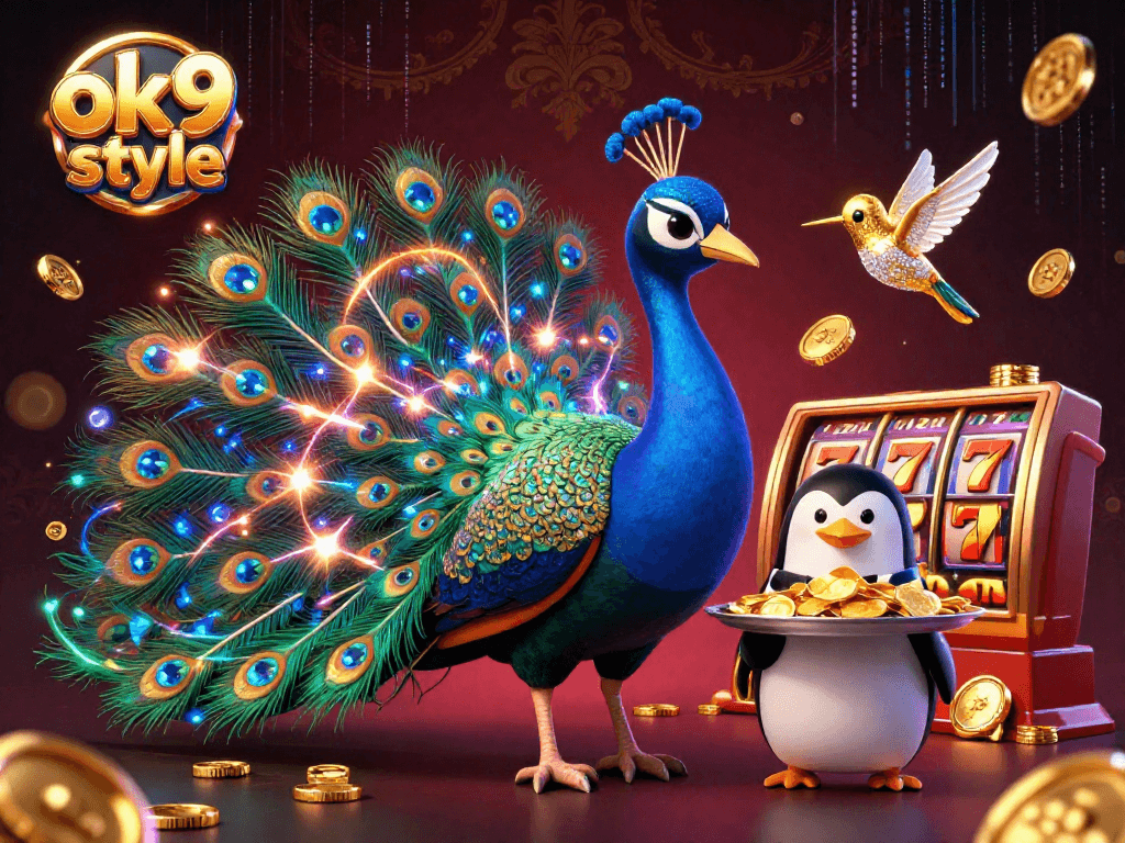 Engage in thrilling slots action with the vibrant characters from ok9 style amidst dazzling casino visuals.