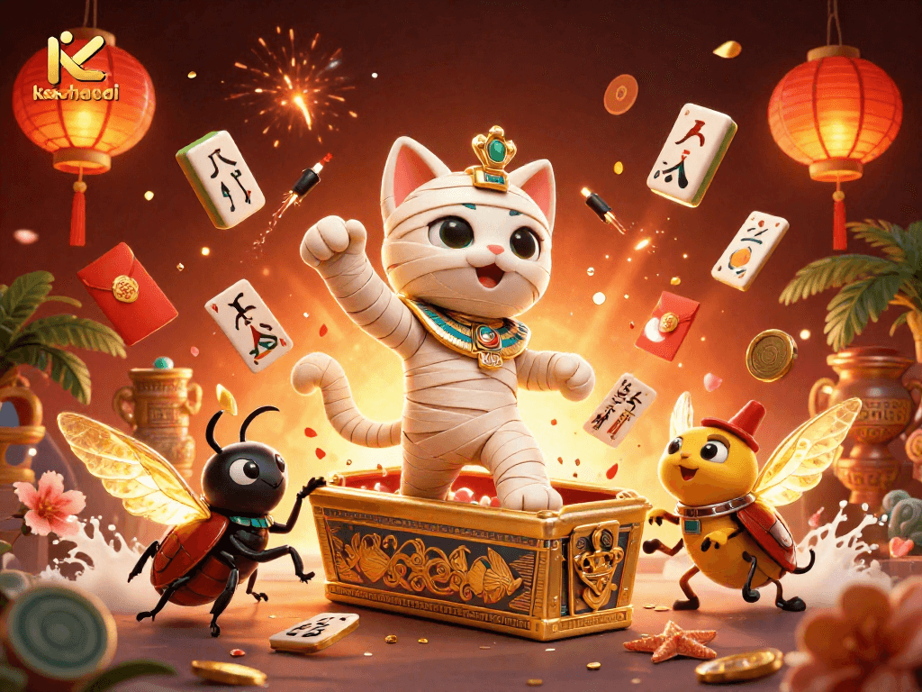 Feel the excitement of keonhacai as an Egyptian mummy cat bursts forth in a vibrant pyramid casino scene.