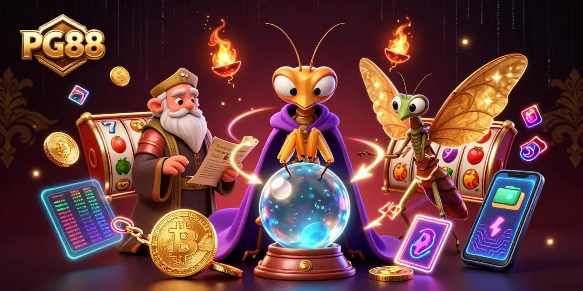 Engage with PG88's immersive casino experience featuring a vibrant illustration of fortune tellers, slot games, and crypto elements.