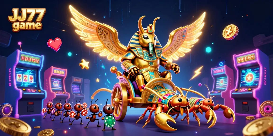 Experience the excitement of the JJ77 game with a colossal scarab beetle and slot machines in action.