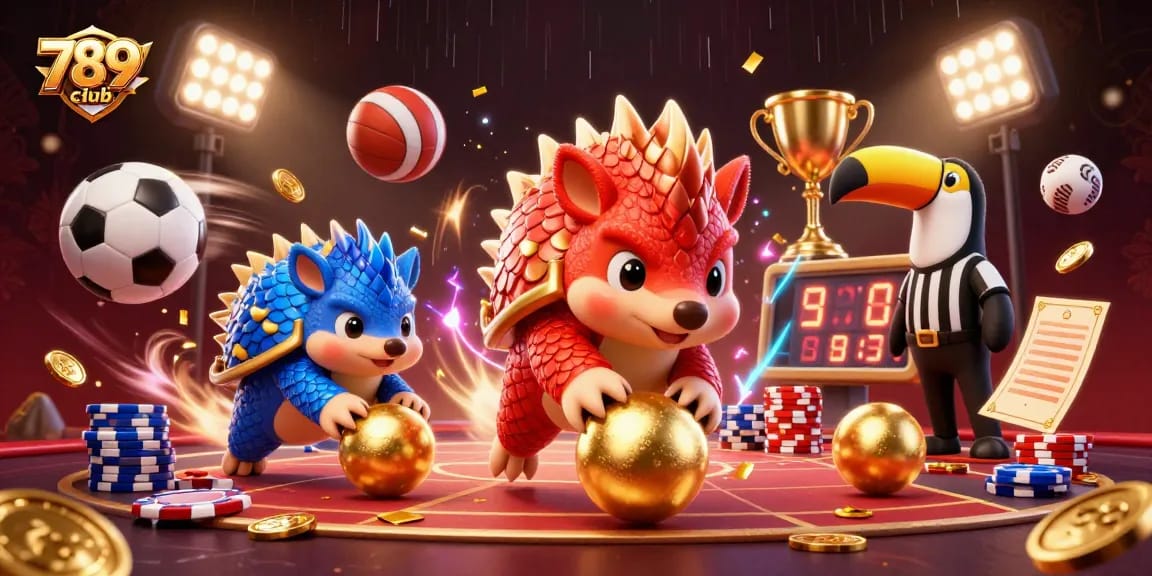 Engage in thrilling action with 789club as pangolins bowl through poker chips in a vibrant casino scene.