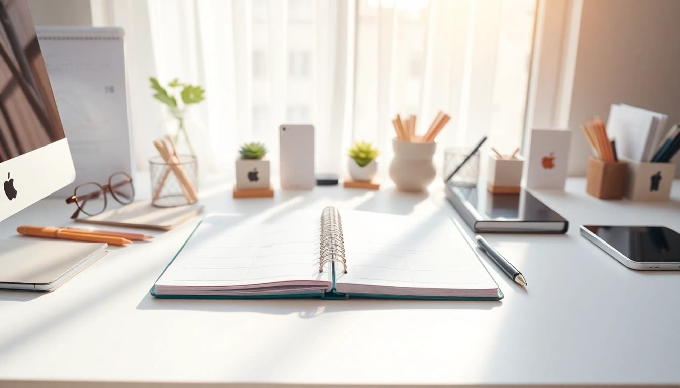 Optimize your Effortless Daily Organization with a beautifully arranged workspace featuring a planner.