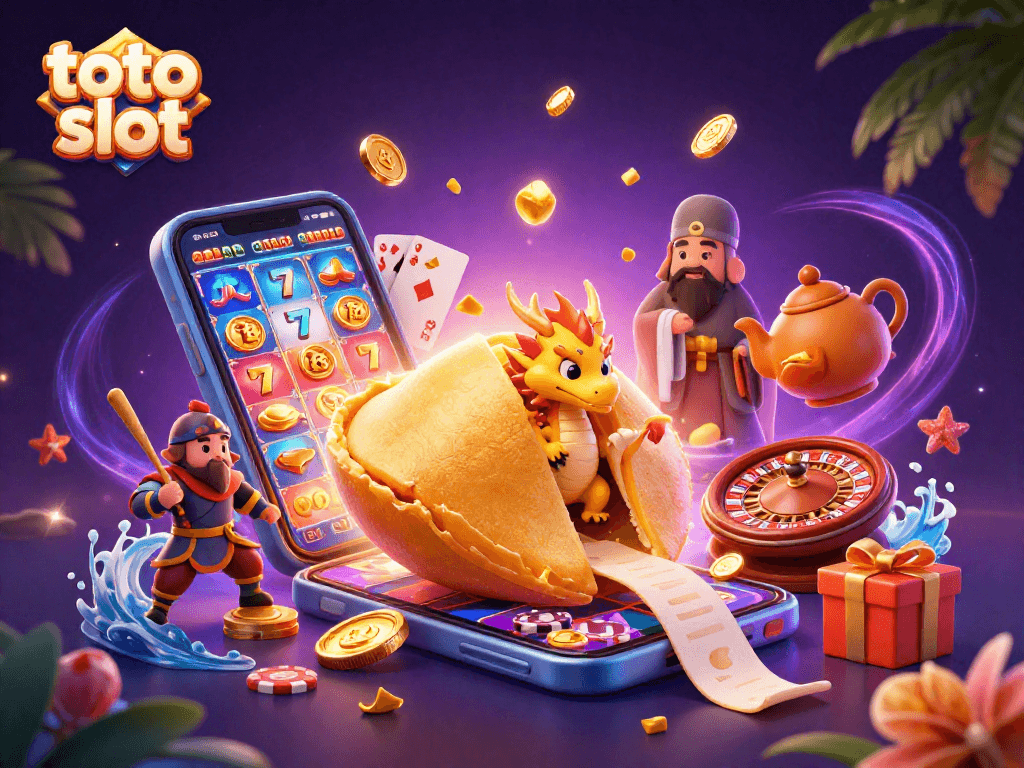 Menang main toto slot sambil dikelilingi keberuntungan dan harta melimpah dalam ilustrasi yang ceria.