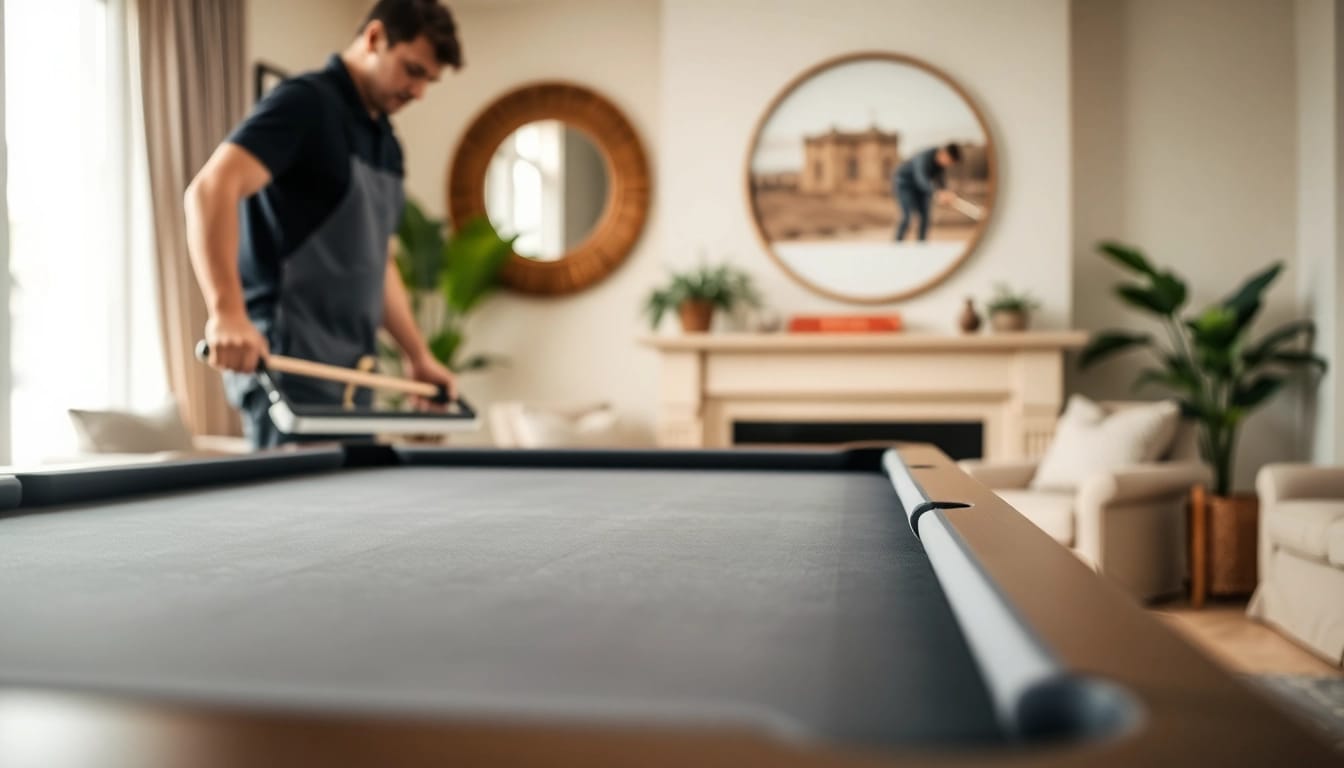 Pool table mover efficiently relocating a slate pool table in a cozy living room.