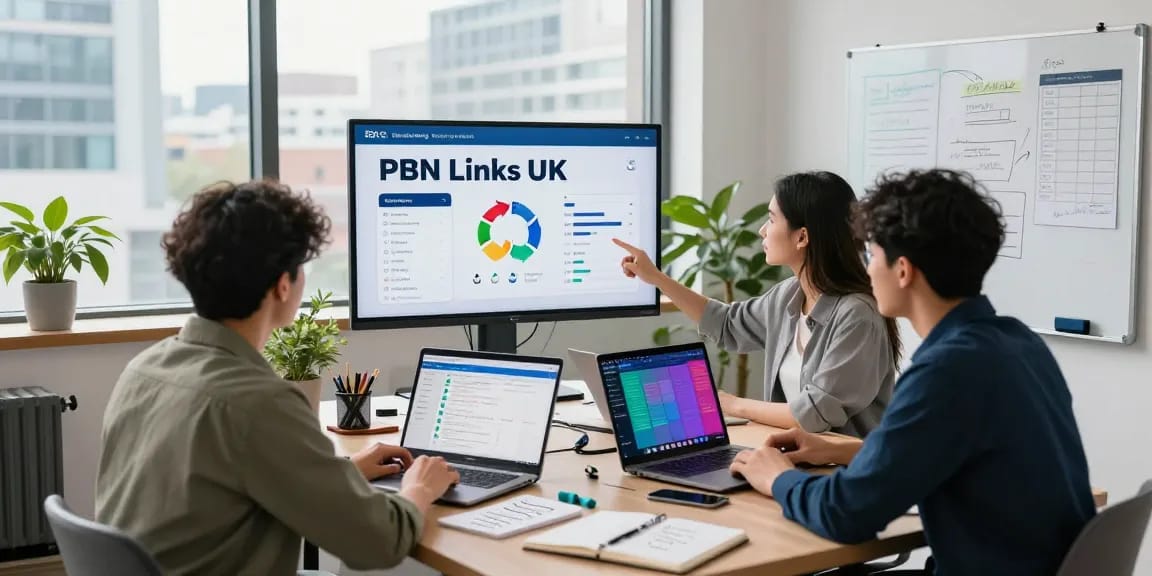 PBN links UK digital marketing strategy session with professionals analyzing SEO metrics.