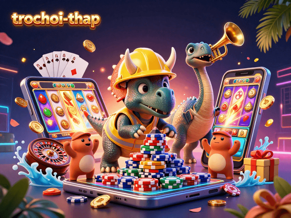 Engage in trochoi-thap with vibrant excitement as characters build a casino pyramid surrounded by interactive game elements.