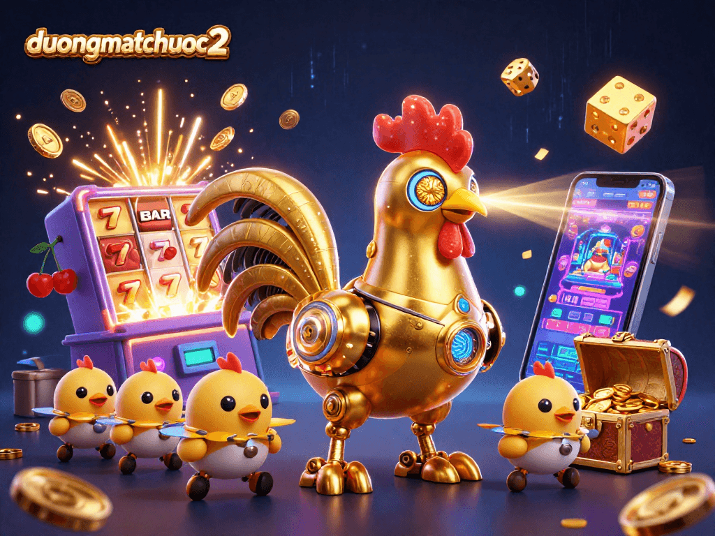 Engage with duongmatchuoc2, featuring a golden rooster robot amidst vibrant casino excitement.