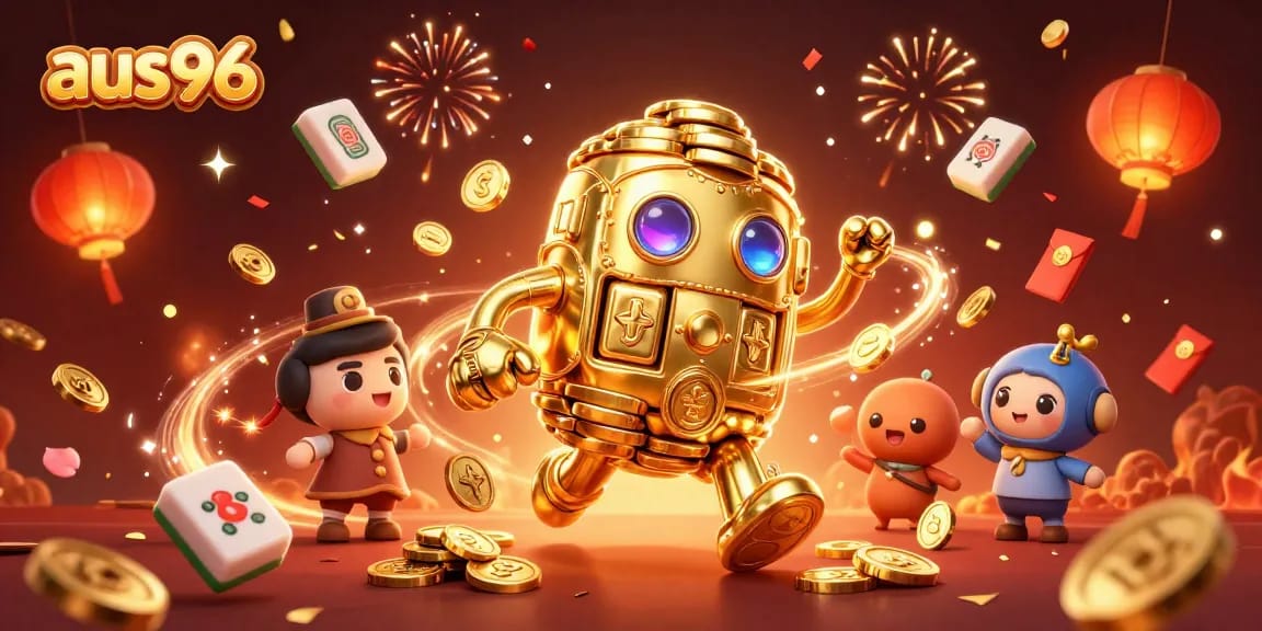 Experience the excitement of aus96 with dynamic gaming visuals featuring a golden golem and game elements.