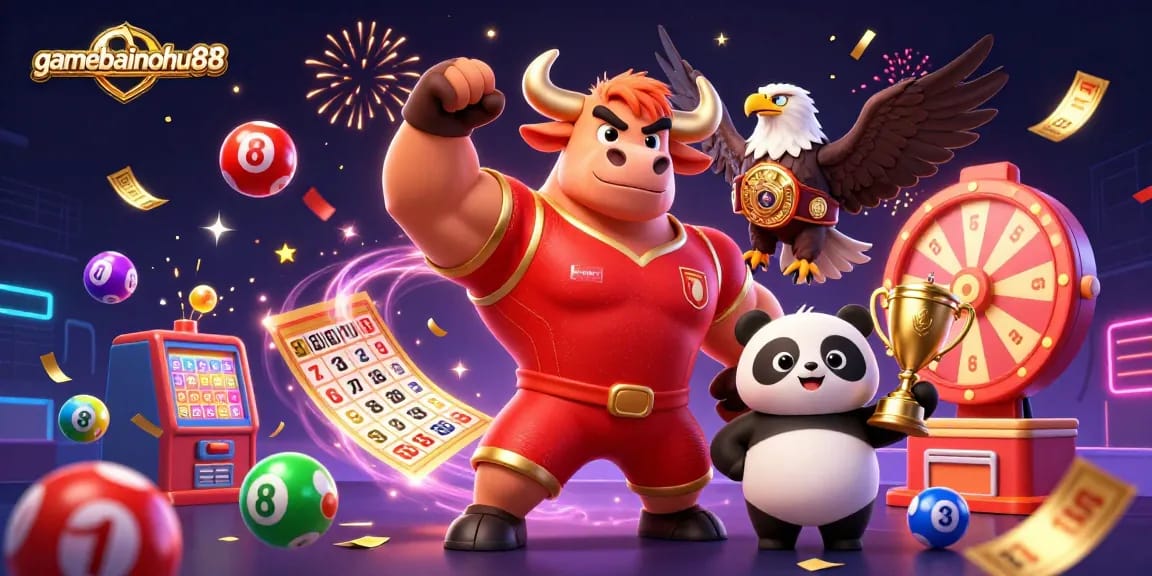 Engage with gamebainohu88 as a muscular bull mascot triumphs with lottery balls, colorful elements, and vibrant energy.