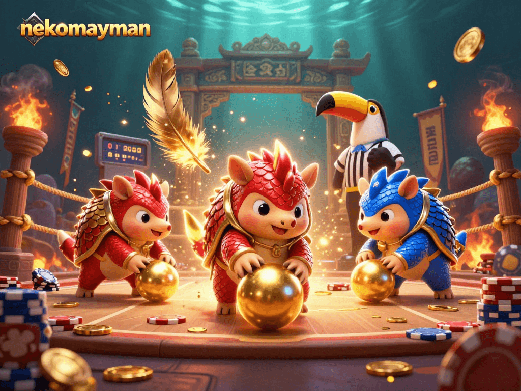 Experience thrilling gameplay with nekomayman as pangolins battle in a vibrant casino scene.