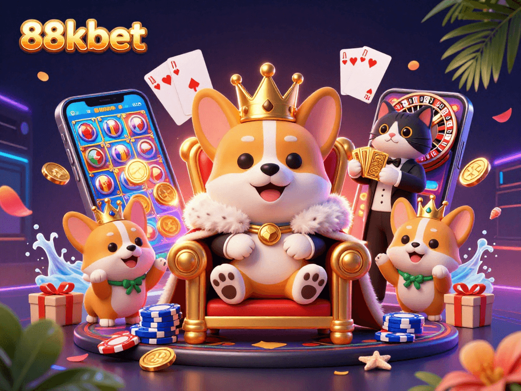 Experience exciting gameplay at 88kbet with vibrant slot games, floating coins, and charming cartoon characters.